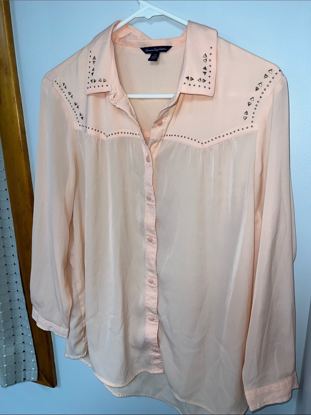 American Eagle Outfitters Peach Studded Sheer Button-Down Blouse
